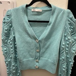 Zara turquoise crystal knit crop sweater